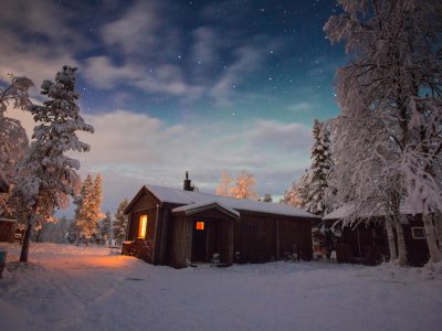 Les arbres enneigés entourent la cabane