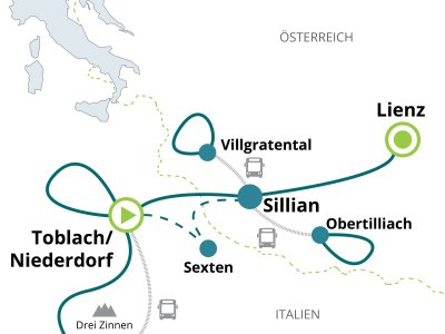 Streckenplan der Langlaufreise von Cortina nach Lienz